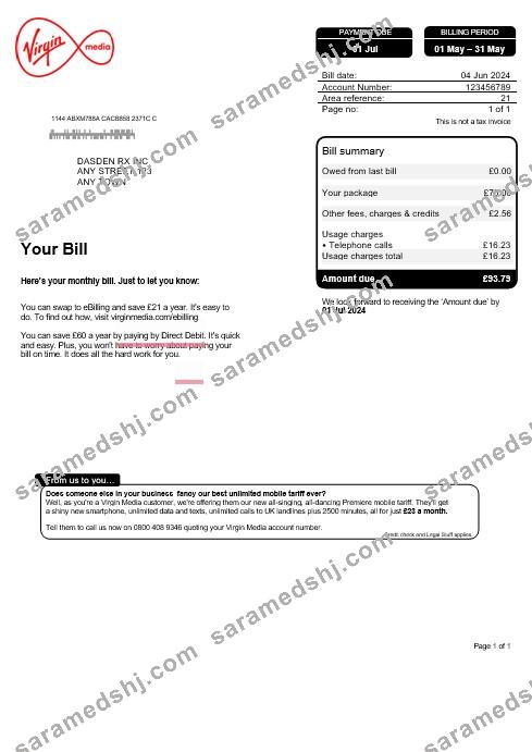 United Kingdom Virgin Media business utility bill, Word and PDF template